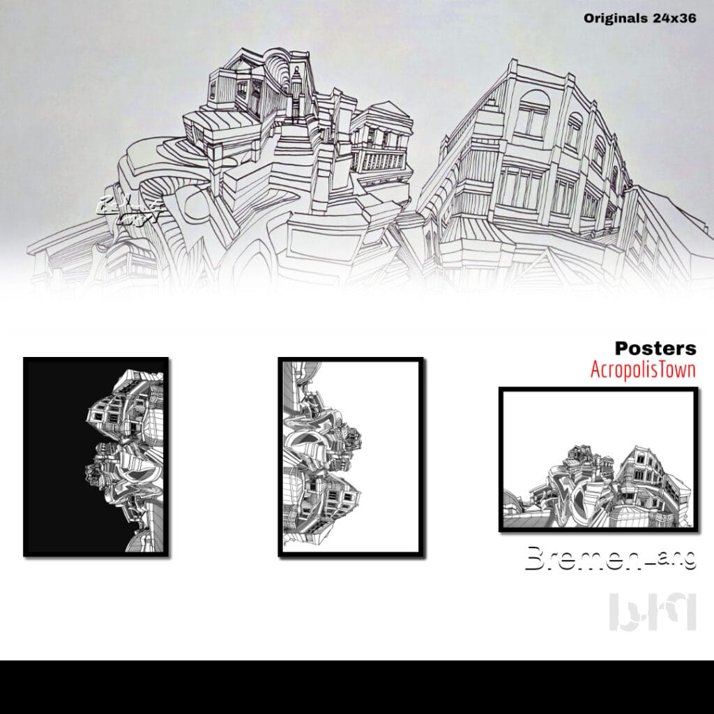 A black and white line drawing depicts a cluster of buildings with highly exaggerated and distorted architectural features. The lines create a sense of depth and unusual perspectives. Upon closer viewing, the arrangement of windows and rooflines can be interpreted as human-like faces. The artwork is designed to be viewed from multiple orientations, with distinct face profiles appearing when the image is rotated 90 or 180 degrees.