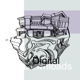 Black and white abstract line drawing of a geometric building merging with fluid, organic forms. The drawing is signed "Bremen Lang, May 23/2024, Pen" in the bottom right corner.