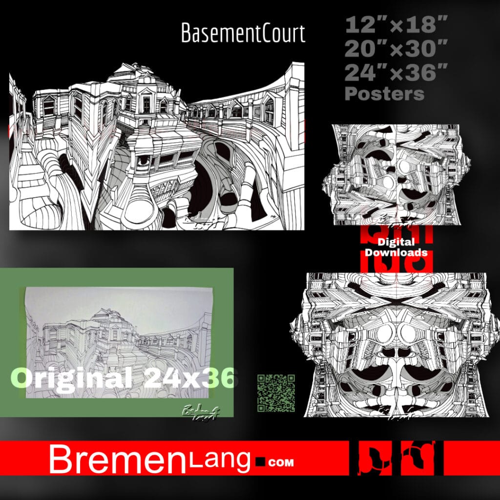 A black and white line drawing presents a group of buildings with significantly distorted and exaggerated architectural forms. The lines create a sense of depth and unusual spatial relationships. Upon closer inspection, the arrangement of windows and rooflines can be interpreted as subtle human facial features. The artwork is designed to be viewed from multiple angles, with distinct face profiles becoming visible when the image is rotated by 90 or 180 degrees.