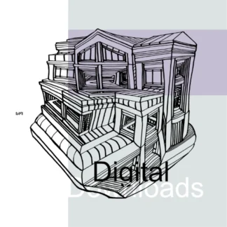 Black and white line art image of a multi-level building. The building is depicted in a stylized and deconstructed manner, with stacked and fragmented sections. The drawing uses varied black linework, including both thick and thin lines, to create form and texture. Recognizable architectural elements such as windows and rooflines are present but are abstracted and non-conventional. The building is set against a light gray background.
