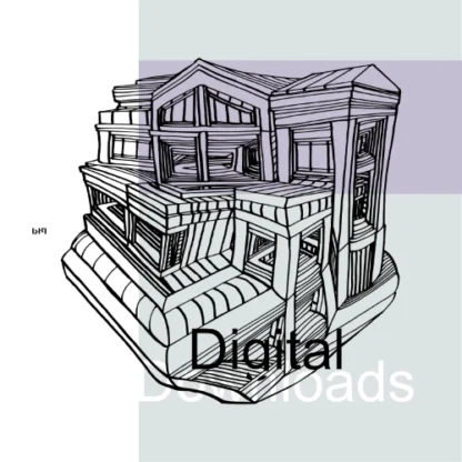Black and white line art image of a multi-level building. The building is depicted in a stylized and deconstructed manner, with stacked and fragmented sections. The drawing uses varied black linework, including both thick and thin lines, to create form and texture. Recognizable architectural elements such as windows and rooflines are present but are abstracted and non-conventional. The building is set against a light gray background.