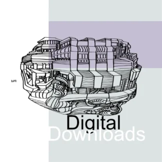 Black and white line drawing of a multi-level building with a courtyard on the left and a dominant structure on the right. The drawing uses fine lines to depict architectural details and textures.
