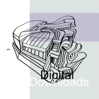 Black and white abstract line drawing of a futuristic building with smooth, flowing lines and geometric shapes.