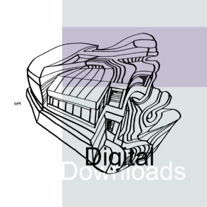 Black and white abstract line drawing of a futuristic building with smooth, flowing lines and geometric shapes.