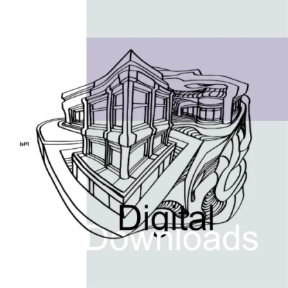 Black and white line art image depicting an abstract building. The building is highly stylized and presented in a surreal and distorted manner. The left side of the structure includes defined window-like shapes and straight lines, while the right side is fluid and organic with curving and flowing lines, creating a contrast between geometric and organic forms.