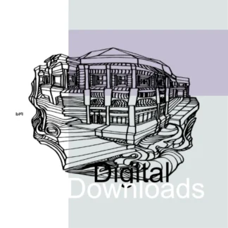 Black and white line art image of a stylized building. The building is depicted with strong geometric lines and shapes, giving it a faceted appearance. Recognizable architectural features like windows and levels are present but simplified and geometrically interpreted. The building rests on an abstract base comprised of flowing, organic lines that contrast with the building's geometric style.
