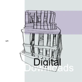 Black and white line art image of a very simplified building. The building is composed of stacked rectangular and box-like shapes. The drawing uses sparse black lines to define the outlines and edges of the geometric forms. Vertical lines are prominent. Simple square and rectangular shapes suggest windows. The style is minimalist and diagrammatic.