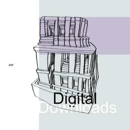 Black and white line art image of a very simplified building. The building is composed of stacked rectangular and box-like shapes. The drawing uses sparse black lines to define the outlines and edges of the geometric forms. Vertical lines are prominent. Simple square and rectangular shapes suggest windows. The style is minimalist and diagrammatic.