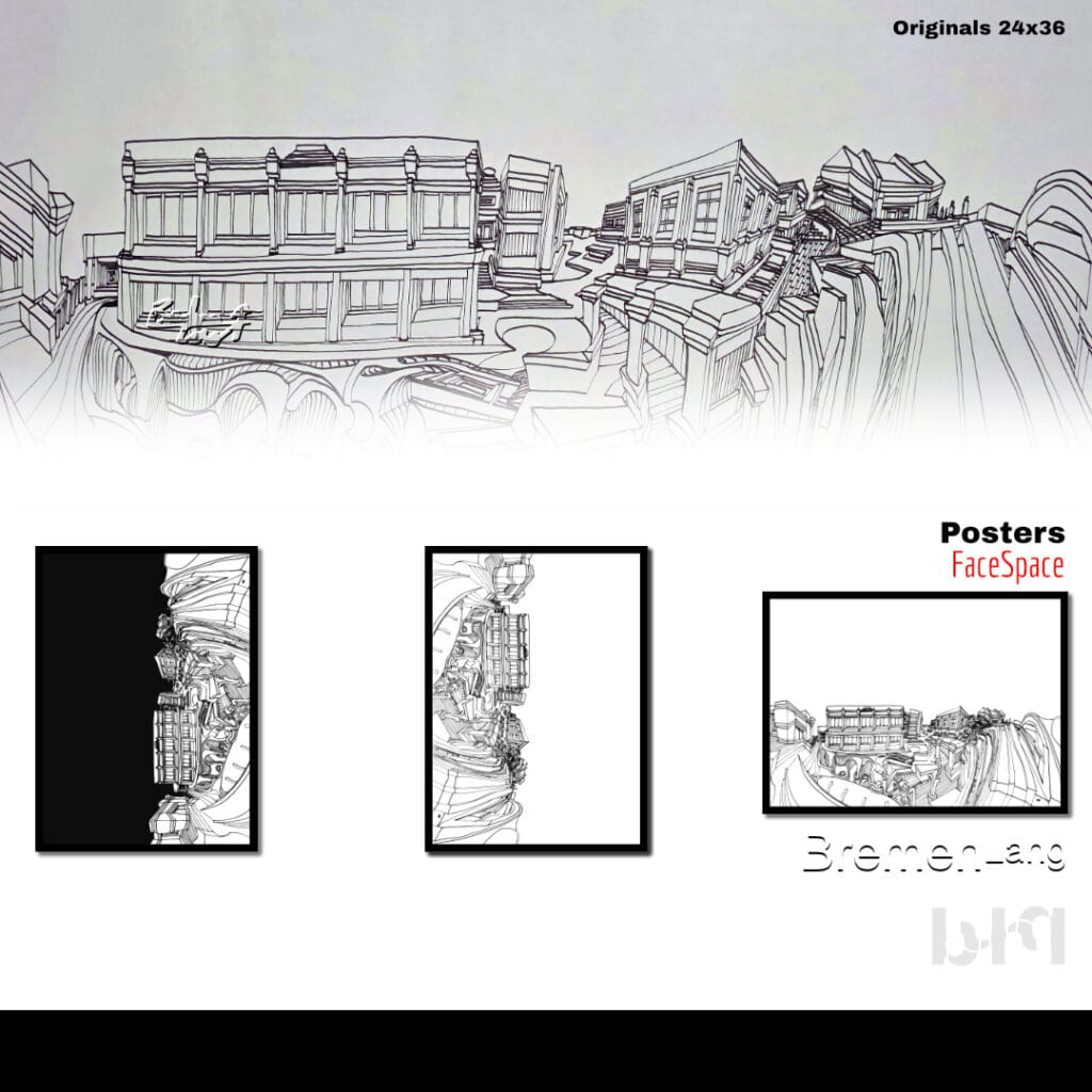 A black and white line drawing depicts a group of buildings with extremely exaggerated and distorted architectural elements. The flowing and curved lines create a surreal and whimsical representation of urban structures. Upon closer viewing, subtle arrangements of windows and rooflines suggest human facial features. The artwork is designed to be rotated 90 or 180 degrees to reveal distinct face profiles formed by the building shapes.