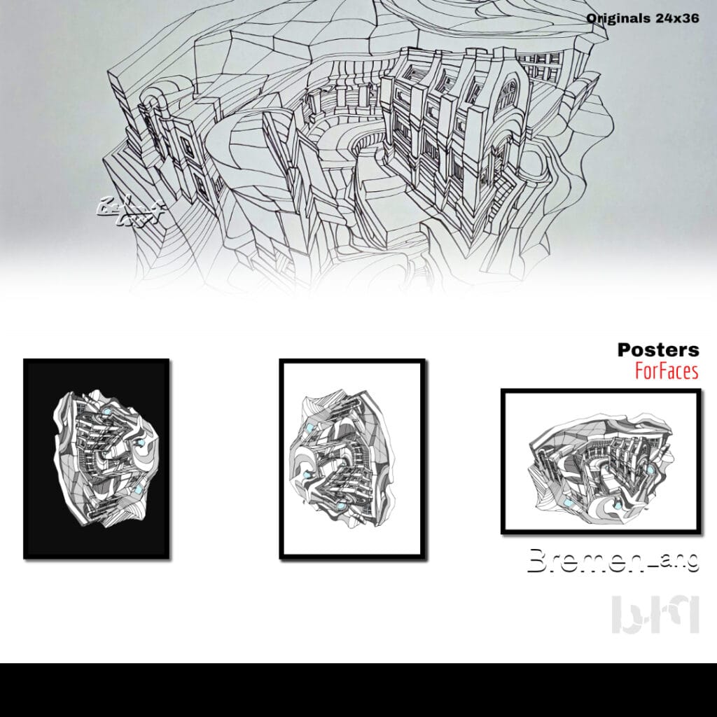 A black and white line drawing depicts a group of buildings with extremely exaggerated and distorted architectural features. The flowing and curved lines create a surreal and whimsical representation of urban structures. Upon closer viewing, subtle arrangements of windows and rooflines suggest human facial features. The artwork is designed to be rotated 90 or 180 degrees to reveal distinct face profiles formed by the building shapes.