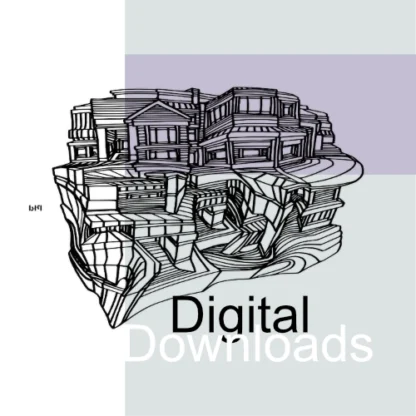 Black and white line art image depicting a multi-level building structure. The artwork is designed to be viewed from multiple orientations. When viewed in the initial orientation, the image presents a complex building form with varied architectural elements. The artist intends for the viewer to rotate the image in 90-degree increments to reveal different interpretations and emergent properties, including subtle face-like forms embedded within the architectural design. The image utilizes detailed pen and ink linework, creating shifting patterns and forms as the image orientation changes.