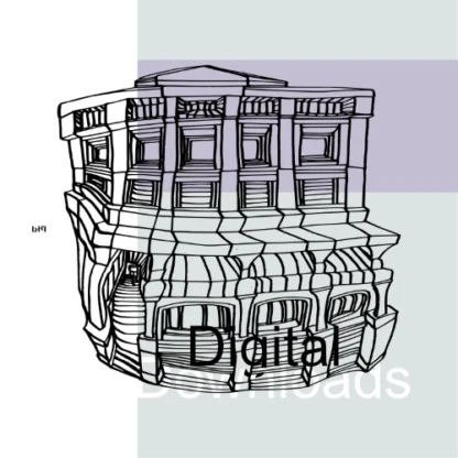 A black and white line drawing depicts a single building with highly exaggerated and distorted architectural features. The lines create a sense of depth and unusual perspectives. Upon closer viewing, the arrangement of windows and rooflines can be interpreted as human-like facial features.