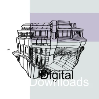 The image shows a black ink drawing of an abstract architectural structure on a white background. The building features multiple levels, windows, and curved elements, with varying line thicknesses creating depth and dimension. The design combines modern and classical styles in a surreal and intricate composition.