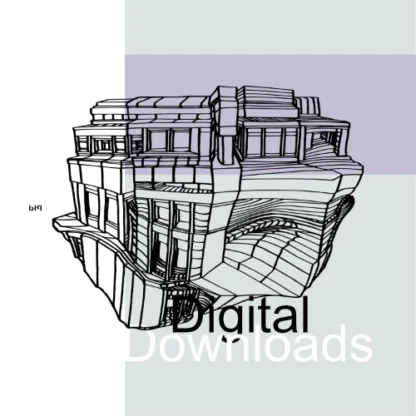 The image shows a black ink drawing of an abstract architectural structure on a white background. The building features multiple levels, windows, and curved elements, with varying line thicknesses creating depth and dimension. The design combines modern and classical styles in a surreal and intricate composition.