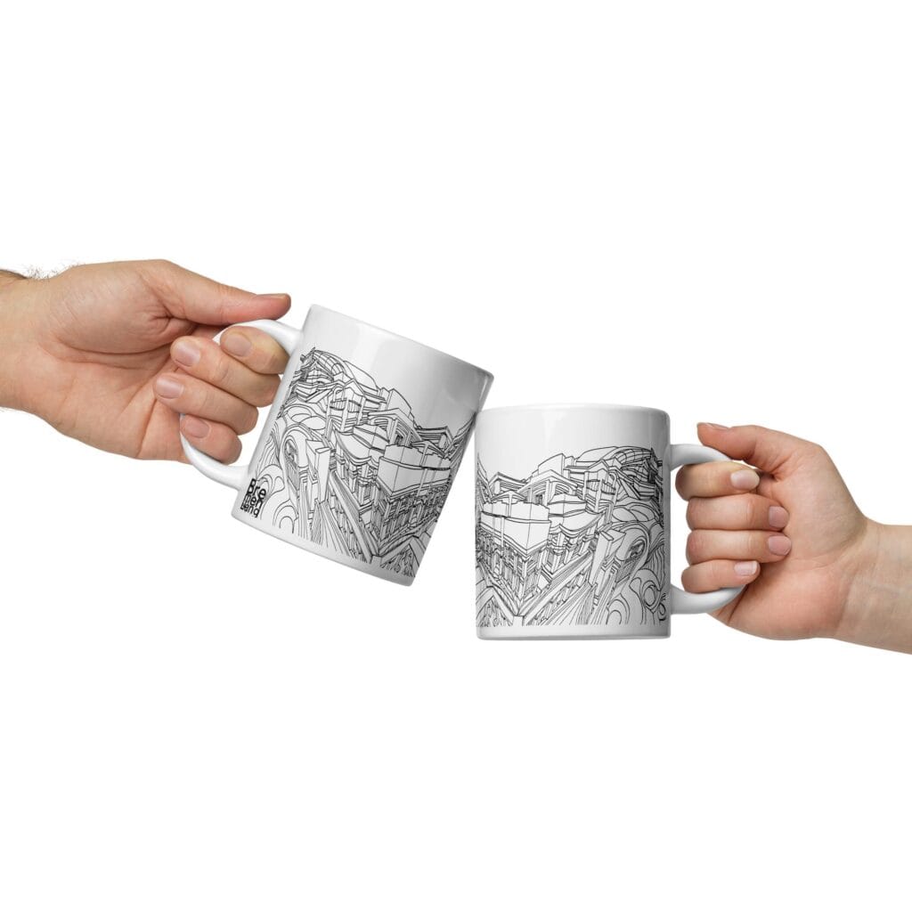 White glossy mug with an Architectural Fantasia sketch